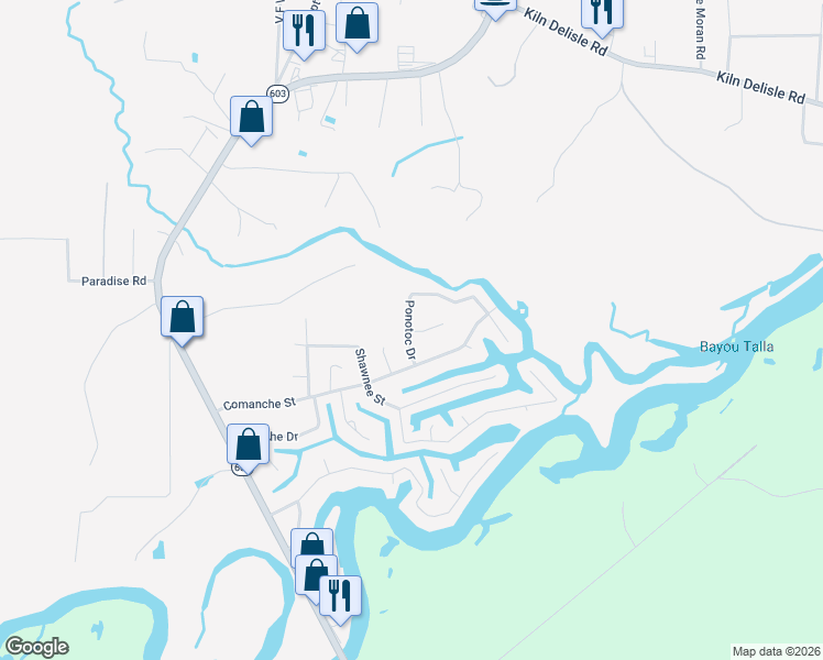 map of restaurants, bars, coffee shops, grocery stores, and more near 15003 Ponotoc Drive in Kiln