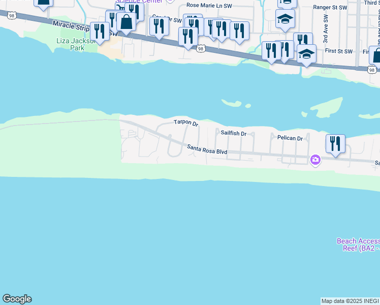 map of restaurants, bars, coffee shops, grocery stores, and more near 866 Santa Rosa Boulevard in Fort Walton Beach