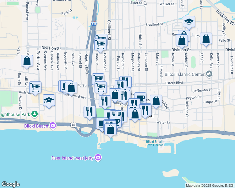 map of restaurants, bars, coffee shops, grocery stores, and more near 169 Thomas Street in Biloxi