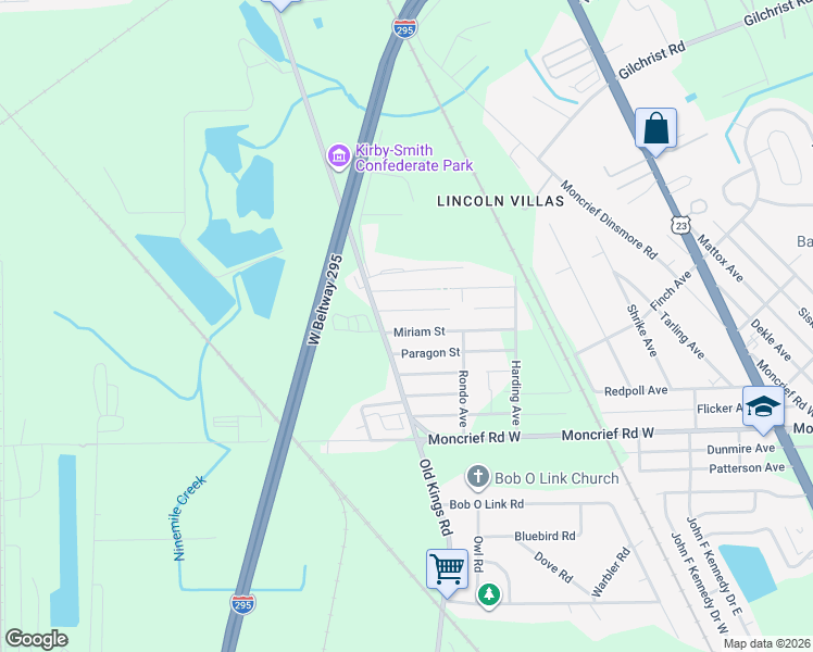 map of restaurants, bars, coffee shops, grocery stores, and more near 6615 Miriam Street in Jacksonville