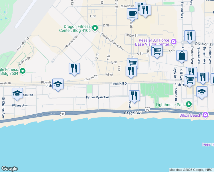 map of restaurants, bars, coffee shops, grocery stores, and more near 185 Saint Jude Street in Biloxi