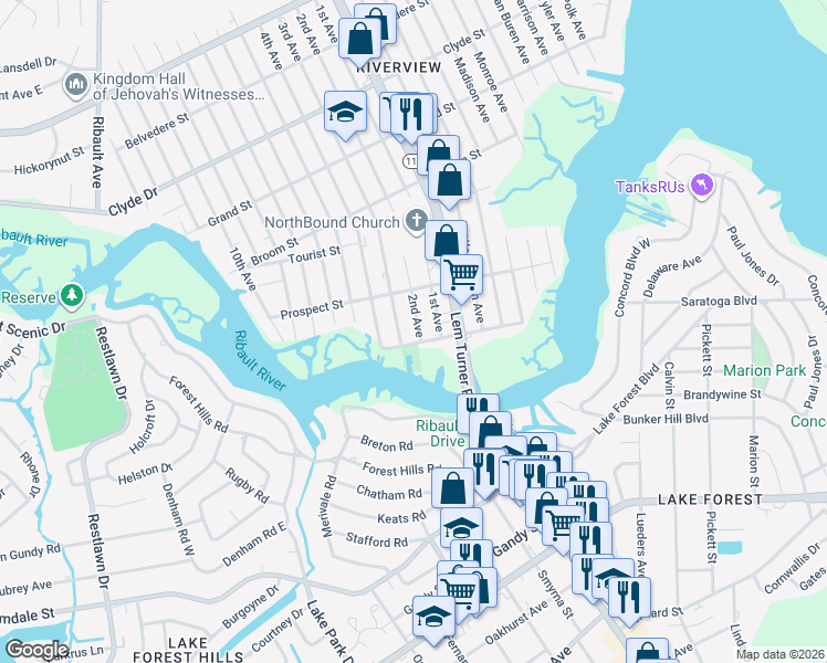 map of restaurants, bars, coffee shops, grocery stores, and more near 2123 Riverview Street in Jacksonville