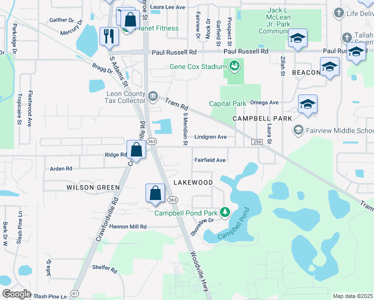 map of restaurants, bars, coffee shops, grocery stores, and more near 231 Gaile Avenue in Tallahassee