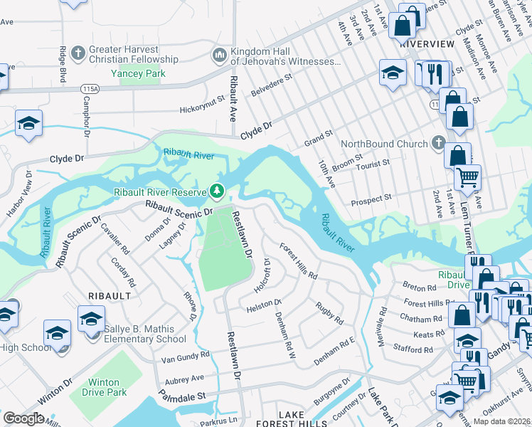 map of restaurants, bars, coffee shops, grocery stores, and more near 2324 Forest Hills Road in Jacksonville