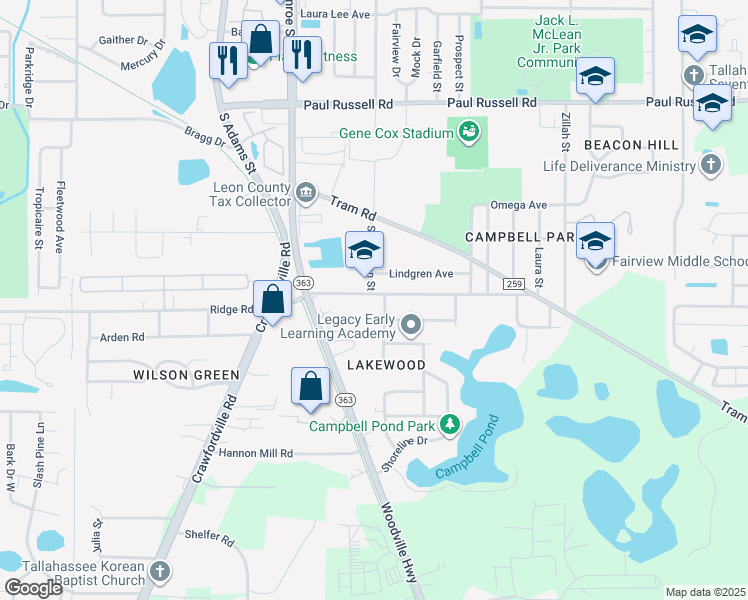 map of restaurants, bars, coffee shops, grocery stores, and more near 211 Sunday Court in Tallahassee