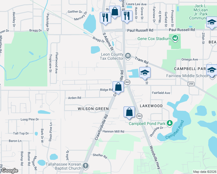 map of restaurants, bars, coffee shops, grocery stores, and more near 115 Ridge Road in Tallahassee