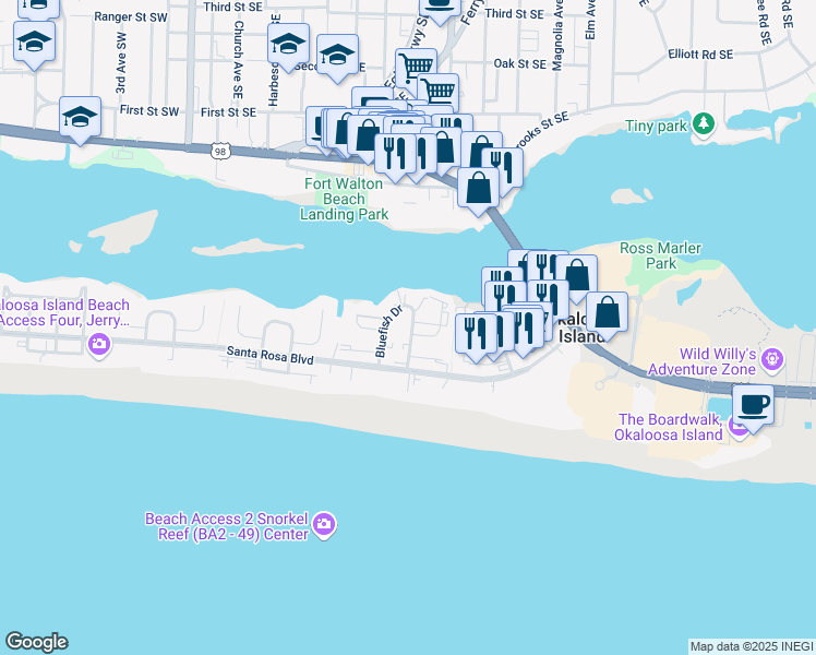 map of restaurants, bars, coffee shops, grocery stores, and more near 312 Bream Avenue in Fort Walton Beach