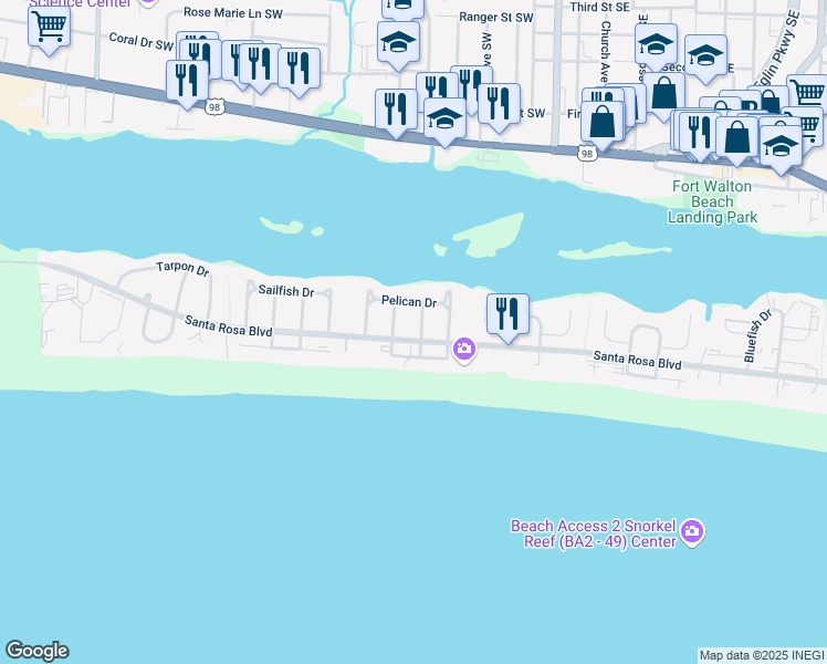 map of restaurants, bars, coffee shops, grocery stores, and more near 683 Nautilus Court in Fort Walton Beach