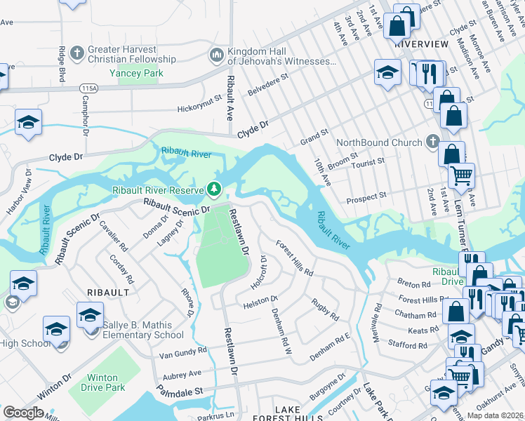 map of restaurants, bars, coffee shops, grocery stores, and more near 2324 Forest Hills Road in Jacksonville