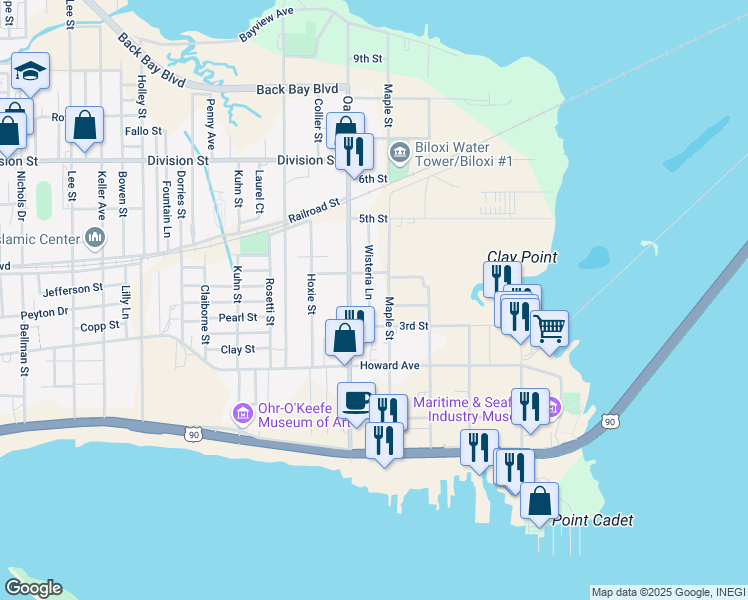 map of restaurants, bars, coffee shops, grocery stores, and more near 171 Maple Street in Biloxi