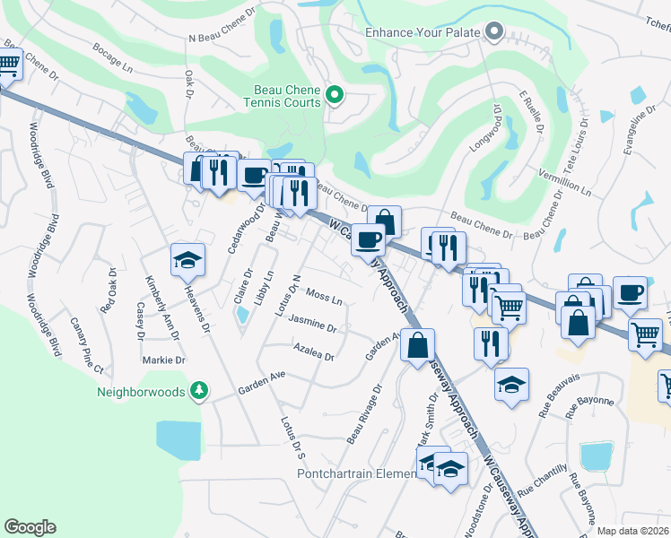 map of restaurants, bars, coffee shops, grocery stores, and more near 635 Village Lane South in Mandeville