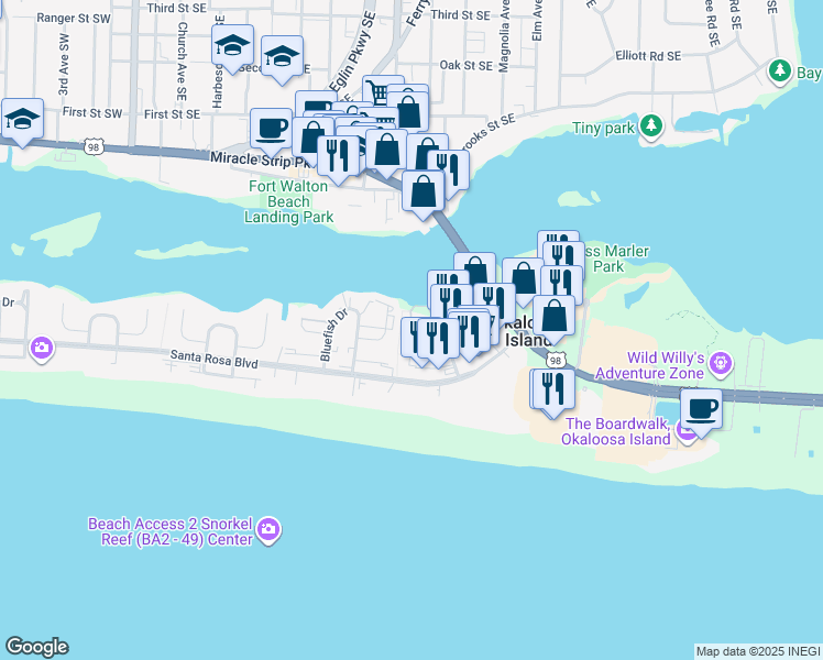 map of restaurants, bars, coffee shops, grocery stores, and more near 228 Amberjack Drive in Fort Walton Beach