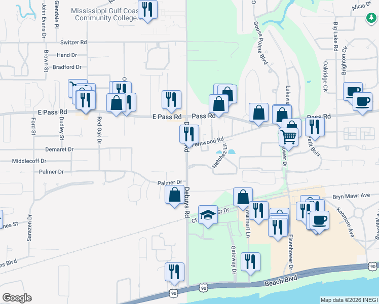 map of restaurants, bars, coffee shops, grocery stores, and more near 266 Debuys Road in Biloxi