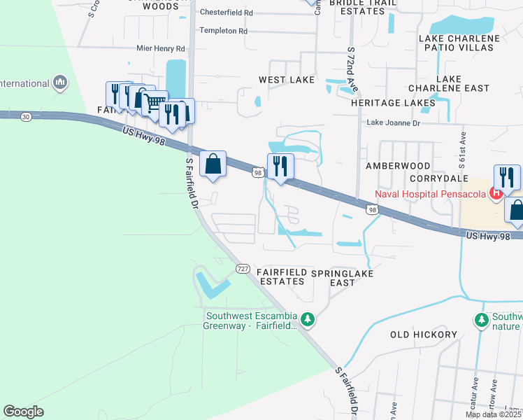 map of restaurants, bars, coffee shops, grocery stores, and more near 7591 U.S. 98 in Pensacola