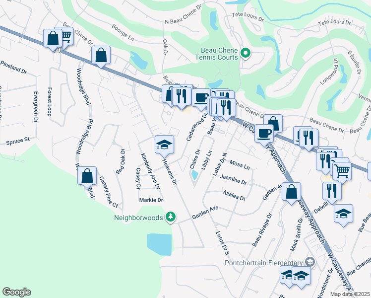 map of restaurants, bars, coffee shops, grocery stores, and more near 518 Cedarwood Drive in Mandeville