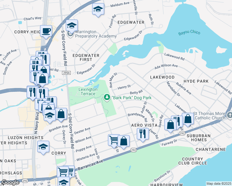 map of restaurants, bars, coffee shops, grocery stores, and more near 901 Rue Max Street in Pensacola