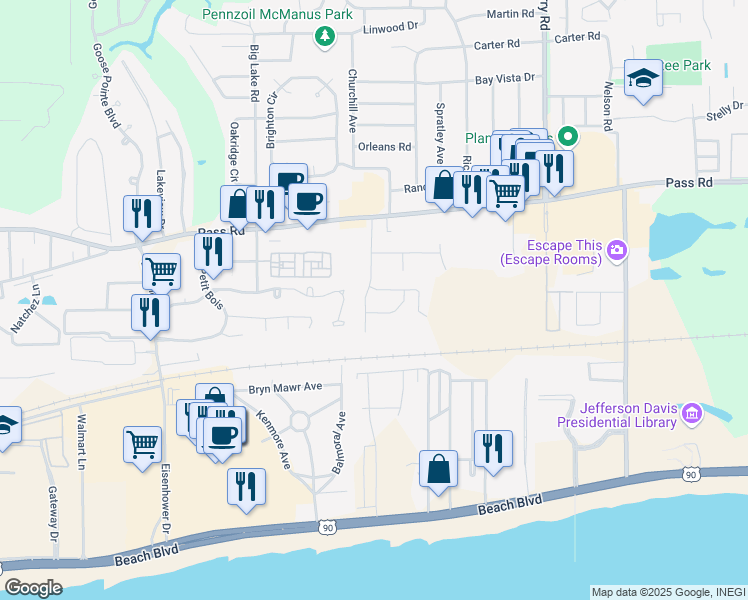 map of restaurants, bars, coffee shops, grocery stores, and more near 2501-2549 Zachary Drive in Biloxi