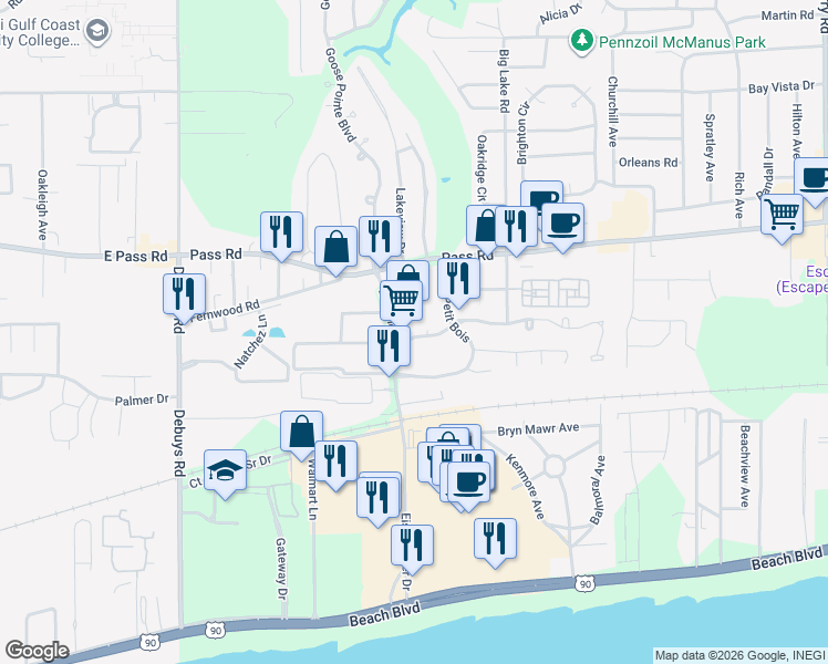 map of restaurants, bars, coffee shops, grocery stores, and more near 2661 Rue Palafox in Biloxi