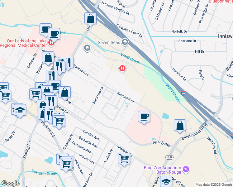 map of restaurants, bars, coffee shops, grocery stores, and more near 5143c Blair Lane in Baton Rouge