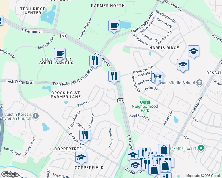 map of restaurants, bars, coffee shops, grocery stores, and more near 12519 Fallen Tower Lane in Austin