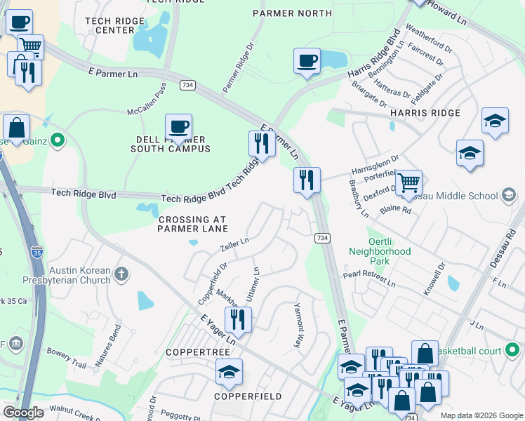 map of restaurants, bars, coffee shops, grocery stores, and more near 12537 Zeller Lane in Austin