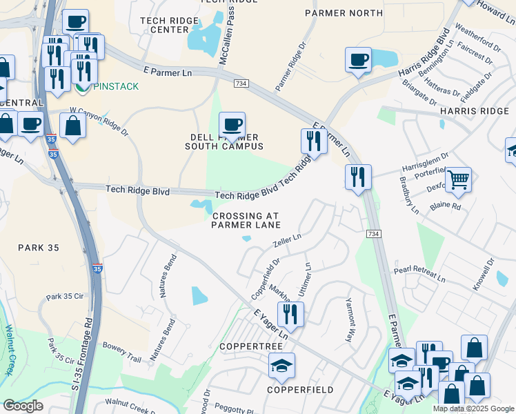 map of restaurants, bars, coffee shops, grocery stores, and more near 12501 Tech Ridge Boulevard in Austin
