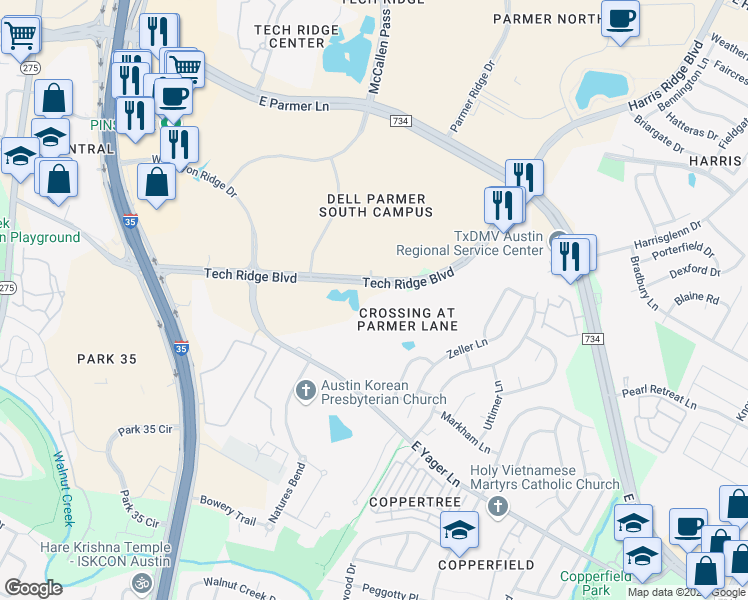 map of restaurants, bars, coffee shops, grocery stores, and more near 12443 Tech Ridge Boulevard in Austin