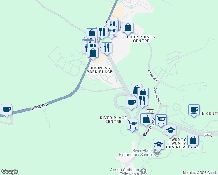 map of restaurants, bars, coffee shops, grocery stores, and more near Bonaventure Dr in Austin