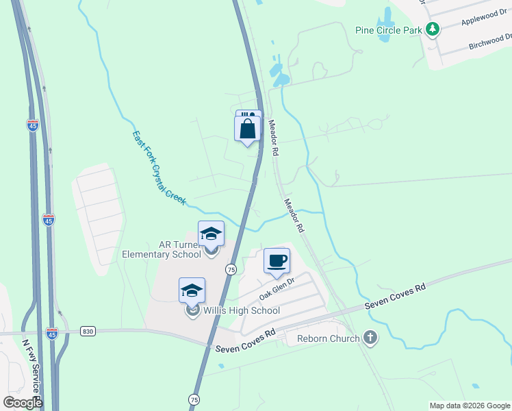 map of restaurants, bars, coffee shops, grocery stores, and more near 11110 Texas 75 in Willis