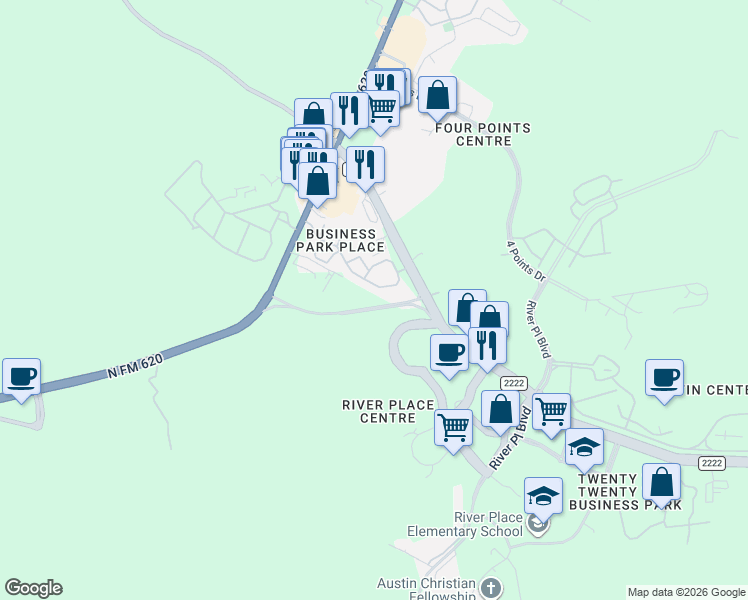 map of restaurants, bars, coffee shops, grocery stores, and more near Bonaventure Dr in Austin