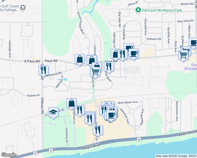 map of restaurants, bars, coffee shops, grocery stores, and more near 2661 Rue Palafox in Biloxi