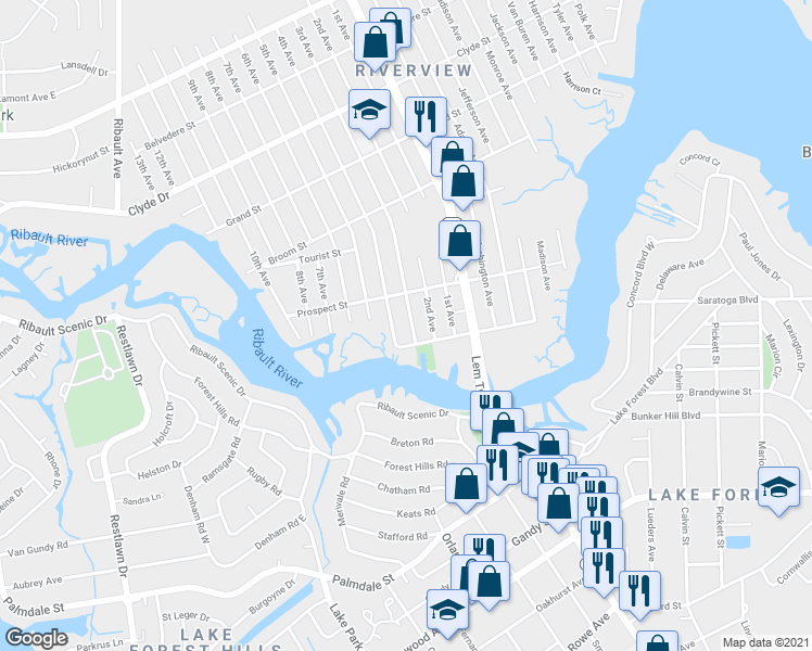 map of restaurants, bars, coffee shops, grocery stores, and more near 8630 3rd Avenue in Jacksonville