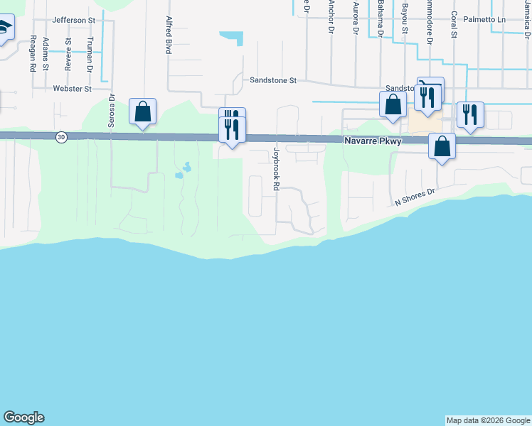 map of restaurants, bars, coffee shops, grocery stores, and more near 1701-1733 Joybrooke Road in Navarre