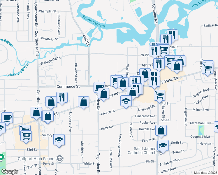 map of restaurants, bars, coffee shops, grocery stores, and more near 839 Commerce Street in Gulfport