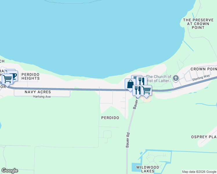 map of restaurants, bars, coffee shops, grocery stores, and more near 12510 Lillian Highway in Pensacola