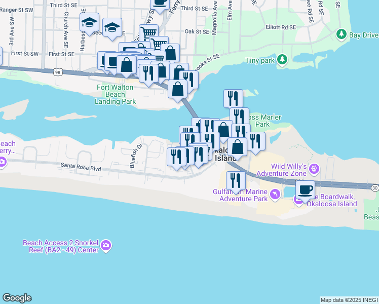 map of restaurants, bars, coffee shops, grocery stores, and more near 114 Amberjack Drive in Fort Walton Beach