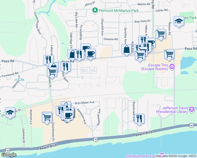 map of restaurants, bars, coffee shops, grocery stores, and more near 2546 Rue Palafox in Biloxi