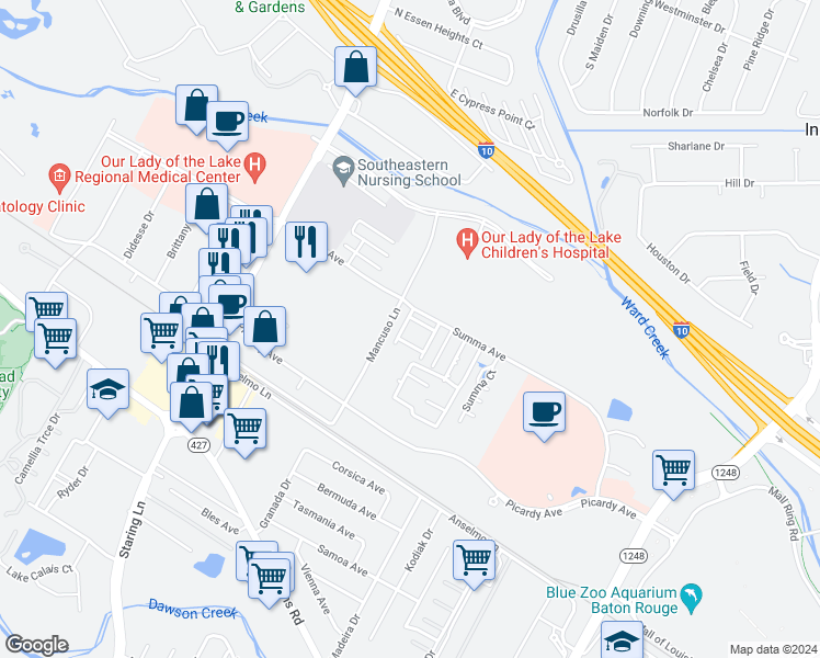 map of restaurants, bars, coffee shops, grocery stores, and more near 5131 Everett Lane in Baton Rouge
