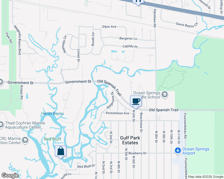 map of restaurants, bars, coffee shops, grocery stores, and more near Ridgeview Drive Central in Ocean Springs