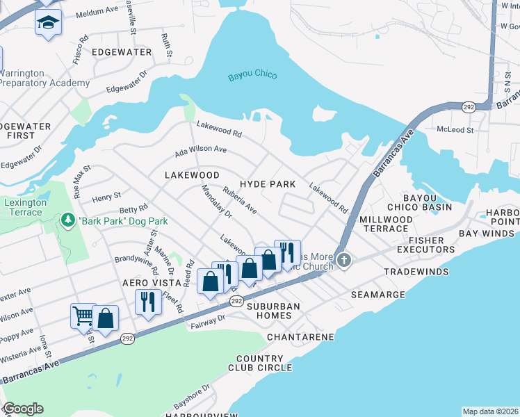 map of restaurants, bars, coffee shops, grocery stores, and more near 107 Ruberia Avenue in Pensacola
