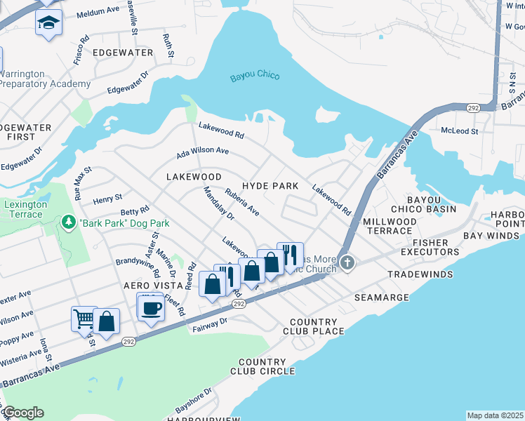 map of restaurants, bars, coffee shops, grocery stores, and more near 110 Ruberia Avenue in Pensacola