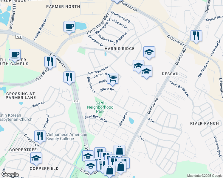 map of restaurants, bars, coffee shops, grocery stores, and more near 12729 Bartholdi Street in Austin