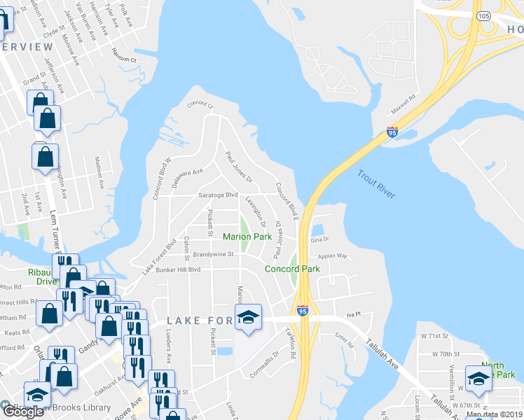 map of restaurants, bars, coffee shops, grocery stores, and more near 8149 Lexington Drive in Jacksonville