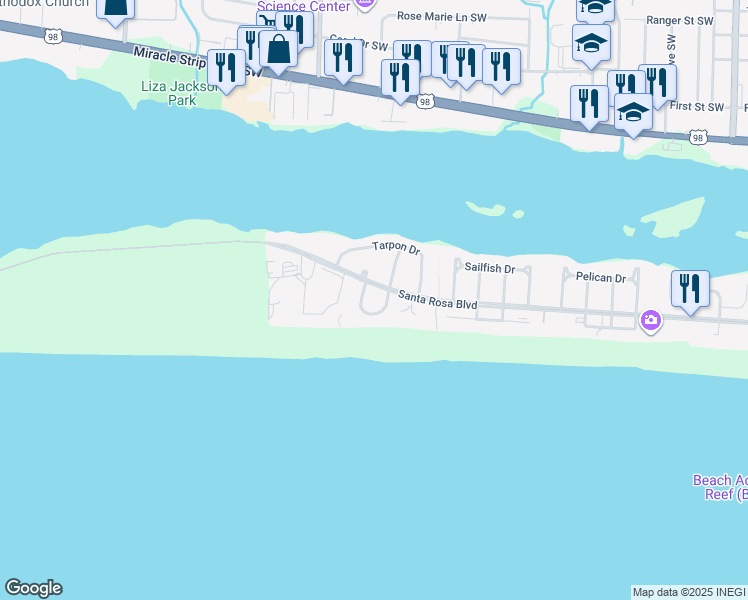 map of restaurants, bars, coffee shops, grocery stores, and more near 866 Santa Rosa Boulevard in Fort Walton Beach