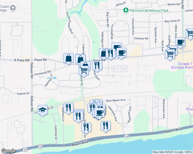map of restaurants, bars, coffee shops, grocery stores, and more near 257 Rue Petit Bois in Biloxi