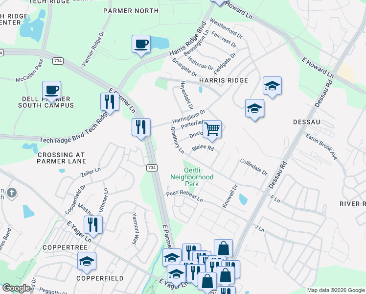map of restaurants, bars, coffee shops, grocery stores, and more near 1223 Bradbury Lane in Austin