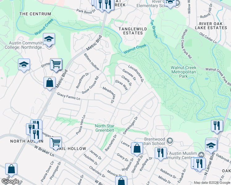 map of restaurants, bars, coffee shops, grocery stores, and more near 11908 Meadowfire Drive in Austin