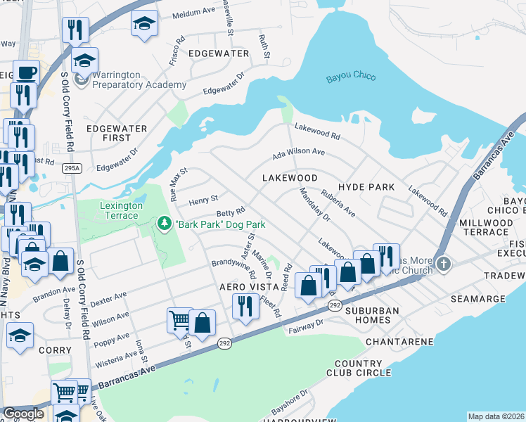 map of restaurants, bars, coffee shops, grocery stores, and more near 203 Aster Street in Pensacola