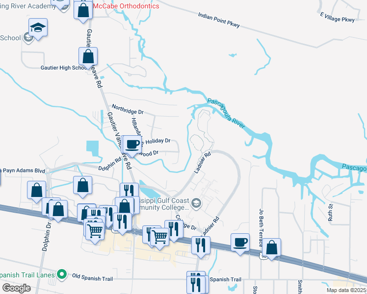 map of restaurants, bars, coffee shops, grocery stores, and more near 3842 Kendale Drive in Gautier