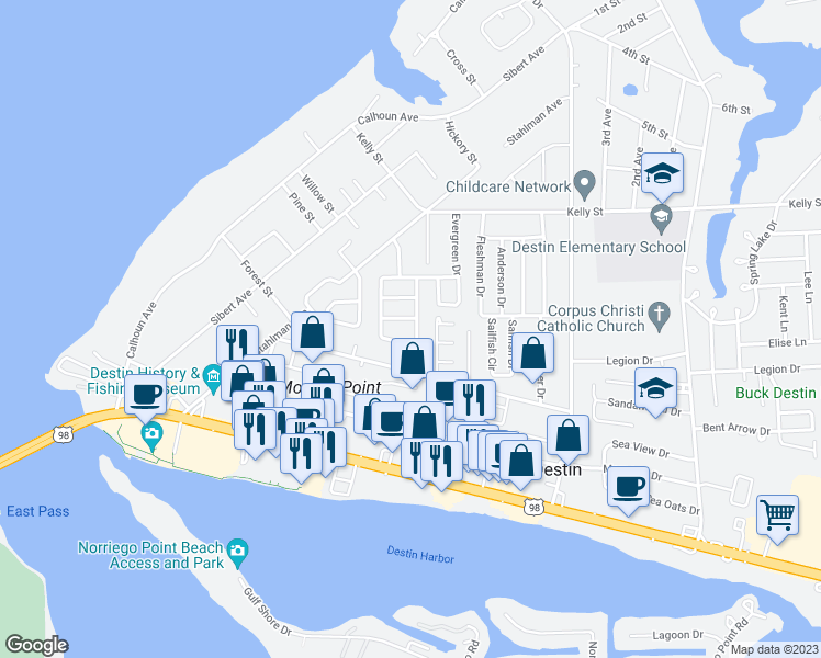 map of restaurants, bars, coffee shops, grocery stores, and more near 429 Primrose Circle in Destin